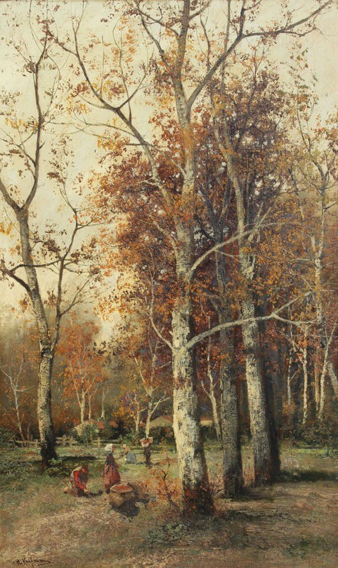 IMPORTANT ADOLF KAUFMAN OIL/WOOD PAINTING: KAUFMANN, Adolf, (Austrian, 1848-1916): "Autumn in the Argonnes", Depicting Figures Harvesting in a Clearing, OIL/Cradled Panel, 27" x 16 3/4", signed lower left, old hand written label verso, encased