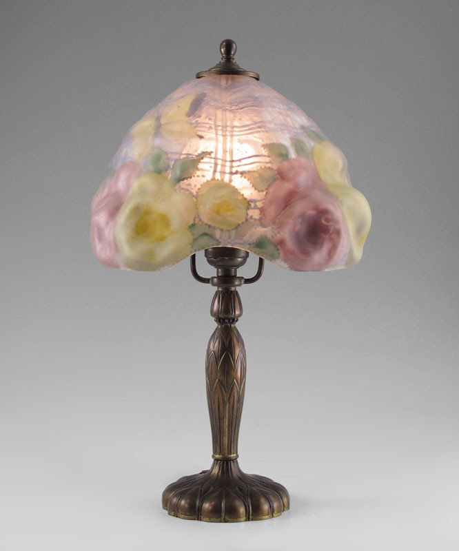 PAIRPOINT PUFFY SHADE BOUDOIR LAMP: PAIRPOINT PUFFY SHADE BOUDOIR LAMP C3064: Reverse painted puffy flower shade. Lamp measures approx. 14'' tall overall, shade 8'' dia. Bronzed base signed with the Pairpoint logo and number C3064.