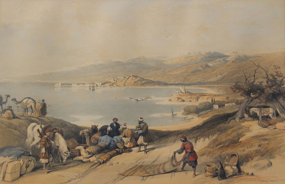 DAVID ROBERTS LITHOGRAPH SIDON: ROBERTS, David, (Scottish, 1796-1864): "Sidon, Looking Towards Lebanon", Lithograph, sight size 12 1/4" x 18 1/2", wooden frame 19 1/4" x 25 1/2".