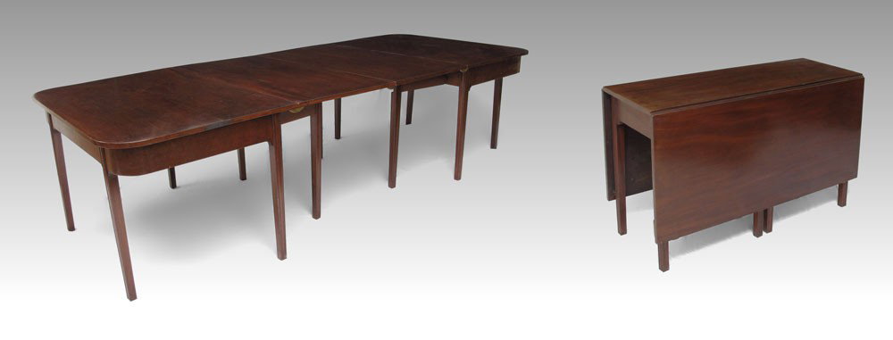 MAHOGANY THREE PART D END DINING TABLE: MAHOGANY THREE PART D END DINING TABLE: Each end section 28 3/4" h. x 47 1/4" x 32"; center section 18" wide with drop leaves down, 21 1/2" leaves; sold with 2 leaves 24" wide.