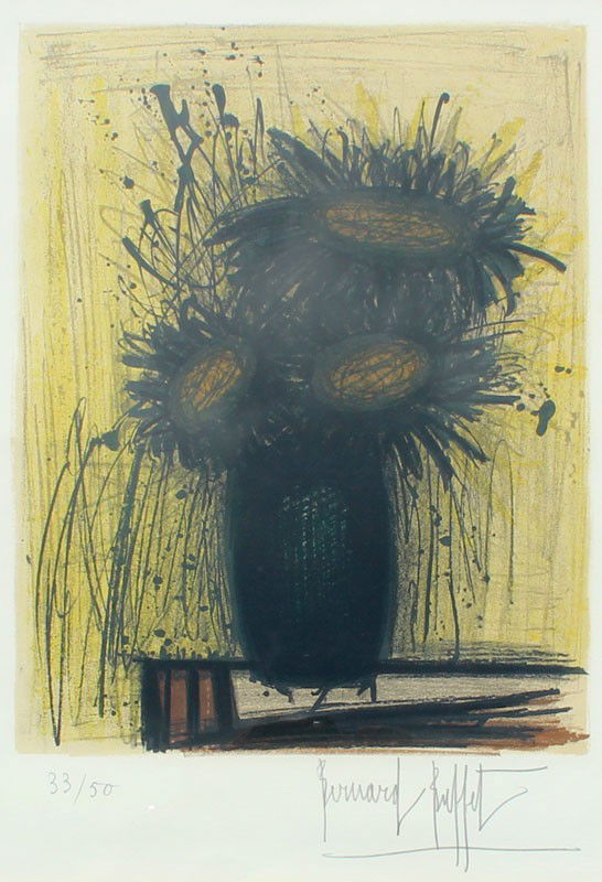 BERNARD BUFFET LITHOGRAPH: BUFFET, Bernard, (French, 1928-): "Les Tournesols", Sunflowers, Color Lithograph, sight size 17" x 12", pencil signed lower right, numbered lower left 33/50, fine framing, 24" x 19".
