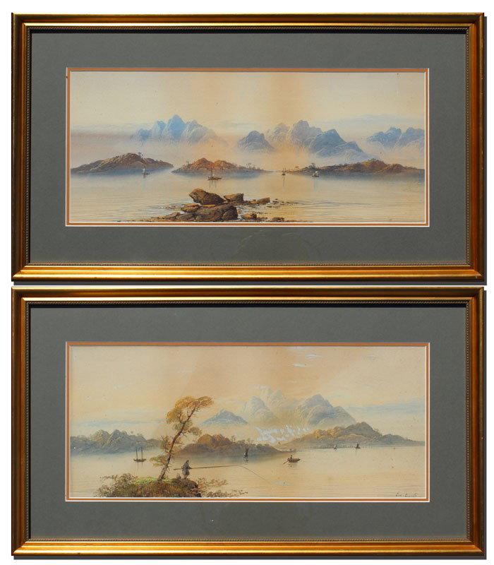PAIR OF ED. EARLE WATERCOLOR PAINTINGS: PAIR OF GOOD LAKESIDE PAINTINGS BY ED. EARLE: Each Watercolor depicts boats and figured, probably late 19th C., sight size 8 1/2" x 20", one is signed, matching contemporary gilded frames, 15" x 26 1/