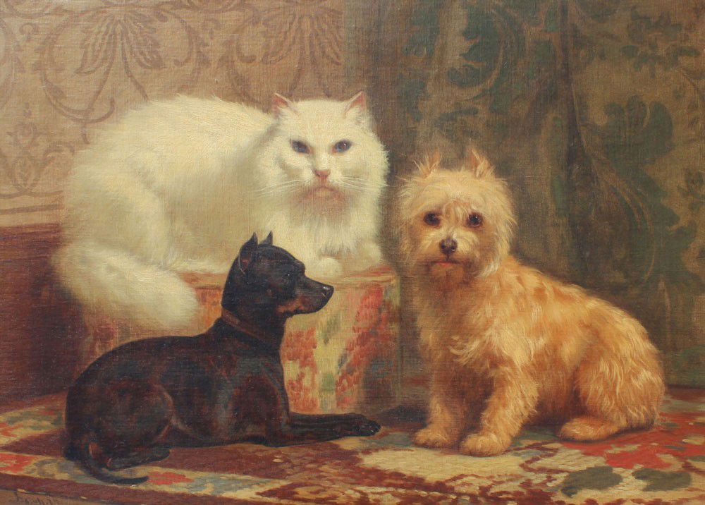 JOHN HENRY DOLPH OIL/CANVAS PAINTING: DOLPH, John Henry, (American, 1835-1903): Animal Portrait of Persian Cat, Miniature Pinscher, and Terrier, OIL/Canvas, signed lower left, dated '74. 21 1/2'' x 29 1/2'', gilded frame 25 1/4'' x 33''.