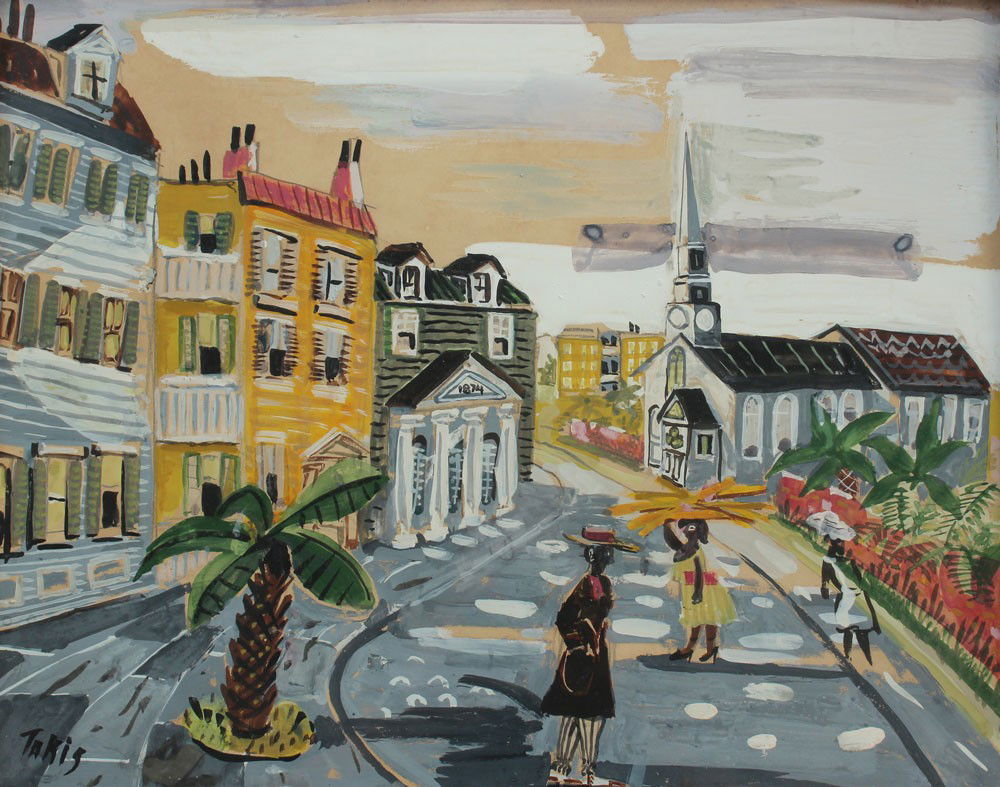 NICHOLAS TAKIS CHARLESTON PAINTING: TAKIS, Nicholas, (American, 1903-1964): Charleston Street Scene with Figures, Gouache, 15 1/2" x 19 1/2", signed, framed with wear, 23" x 27".