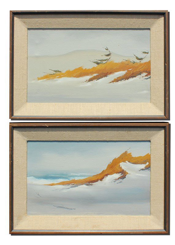 2 MULCAHY PROVINCETOWN CAPE COD PAINTINGS: MULCAHY, John, (American, 1931-): 2 Cape Cod Beach Scenes with Dunes and Surf, Oil/canvas, 9" x 14", both signed and in original frames, 12" x 17 1/4", titles partially legible on both pieces verso.