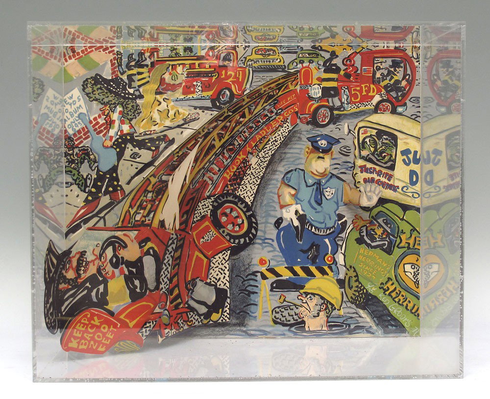 RED GROOMS AARRRRRRHH NO GAS LITHOGRAPH: GROOMS, Red, (American, 1937-): "Aarrrrrrhh", from the 6 pc suite "No Gas", Color Lithograph in 3-d, under plexiglass, 1971, 22" x 28", signed lower right, numbered 6 of 75, plexiglass display box mea