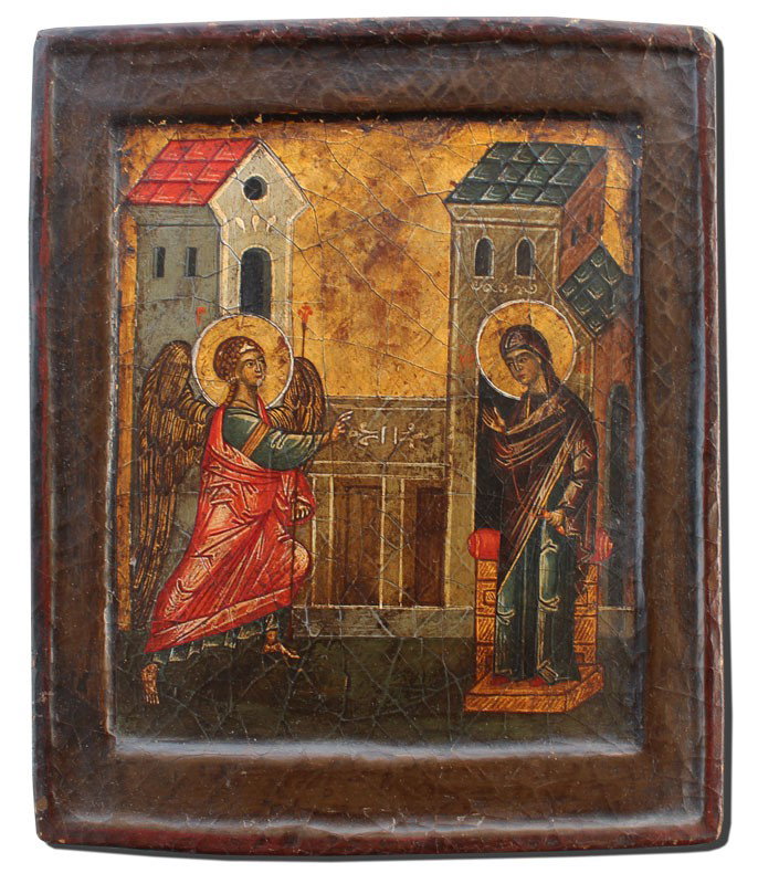 GOOD EARLY RUSSIAN ICON DEPICTING ANGEL AND MARY: EARLY RUSSIAN ICON DEPICTING ANGEL AND MARY: Oil/Cradled Wood Panel, overall size is 12" x 9 3/4", probably 19th century or earlier.