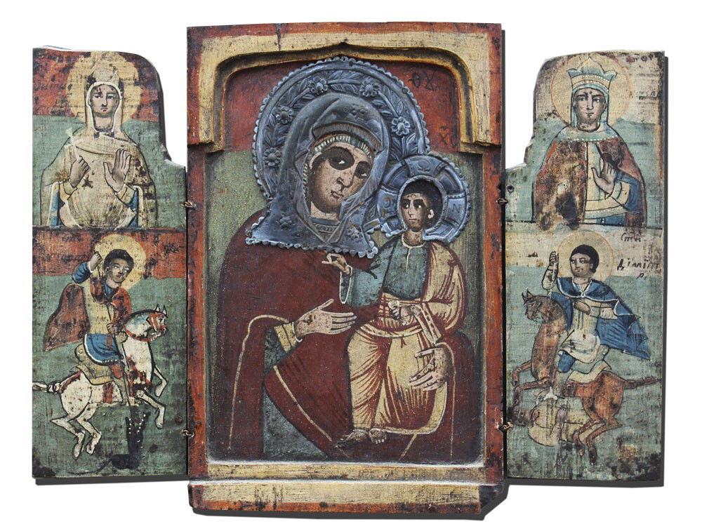 TRI-PANEL ICON WITH MADONNA AND CHILD: TRI-PANEL ICON WITH MADONNA AND CHILD: Triptych depicting on the top portion of the side panels (left to right) the female martyrs Petka and Nedelya (or their Greek names: Paraskeve and Kyriake), and