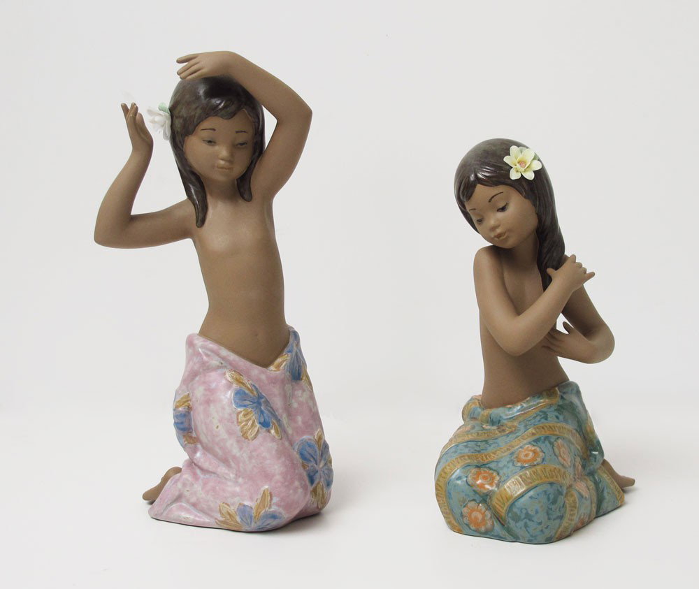LLADRO PACIFIC JEWEL TROPICAL FLOWER GRES FINISH: LLADRO PORCELAIN FIGURINES: PACIFIC JEWEL #12383, Gres finish, Jose Malavia sculptor, issued 1998, 5 1/4'' x 8''; and TROPICAL FLOWER #12385, Gres finish, Jose Malavia sculptor, issued 1998, 10''h. x 