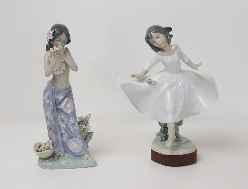 LLADRO AROMA OF THE ISLANDS & SPIRIT OF YOUTH: LLADRO PORCELAIN FIGURINES: AROMA OF THE ISLANDS #1480, Salvador Debon sculptor, issued 1985, 9 1/2"h., one tiny chip to one back petal, with wooden plinth, residue of Quake putty remain on plinth; an