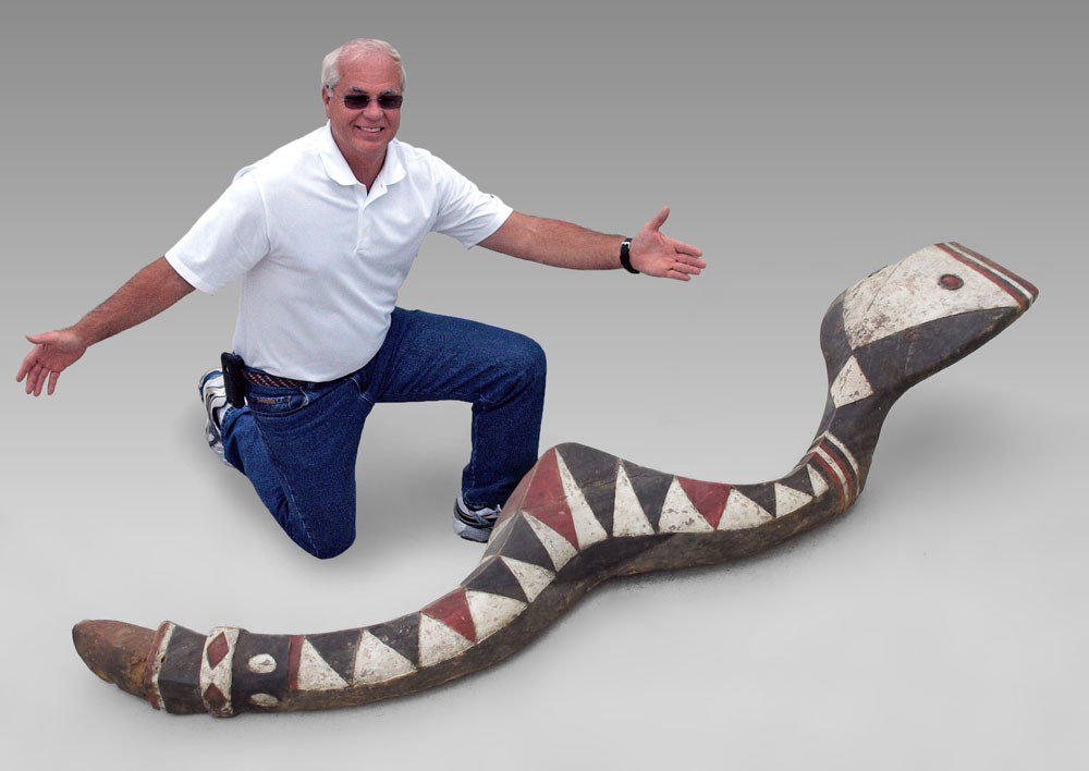 AFRICAN BAGA SNAKE With metal stand: AFRICAN SNAKE: Bansonyi" Sanke, Baga Tribe, Guinea. With metal stand measures approx. 80" x 14" x 18"