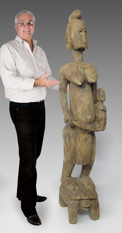 AFRICAN GUANDUSU FIGURE STANDING ON TORTOISE: AFRICAN GUANDUSU FIGURE WITH CHILD STANDING ON A TORTOISE: Bamana, Mali 63" x 14" x 17"