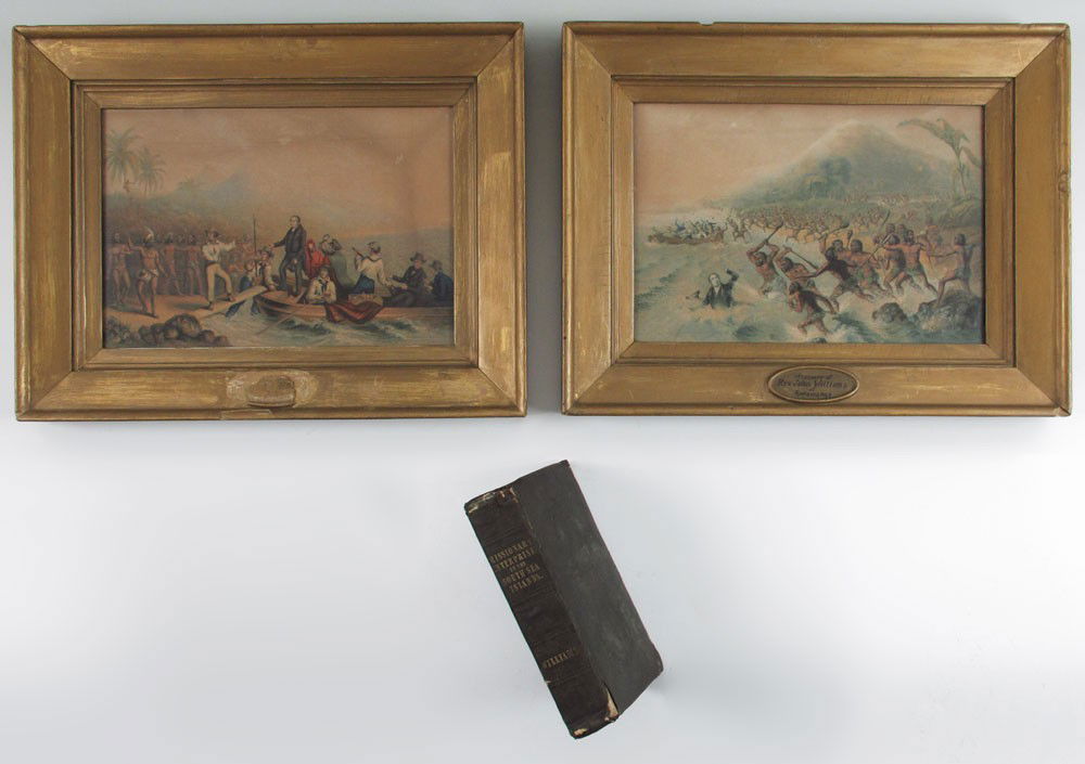 1838 JOHN WILLIAMS SOUTH SEAS BOOK & PRINTS: 1838 JOHN WILLIAMS SOUTH SEAS BOOK & PRINTS: To include 1) 1838 "A Narrative of Missionary Enterprises in the South Sea" by John Williams, published by Johns Snow, London. 1 1/4" h. x 8 1/4" x 5 1/4".