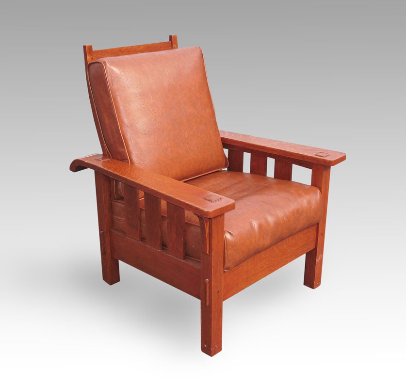 STICKLEY BROTHERS QUAINT FURNITURE OAK CHAIR: STICKLEY BROTHERS QUAINT FURNITURE OAK CHAIR: Recovered cushions, remnants of Quaint Furniture Stickley Brothers label remains. 40" h. x 32 1/4" x 35 1/4".