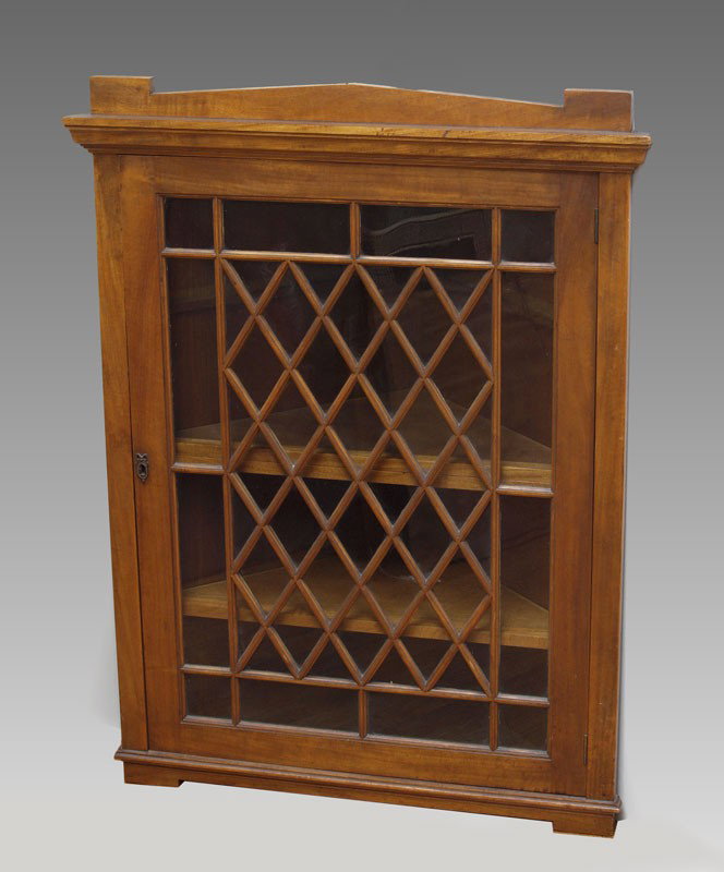 FRETTED WALL HANGING CORNER CABINET: FRETTED WALL HANGING CORNER CABINET: 2 internal shelves. 36 1/2" h. x 27 1/4" x 14 3/4".
