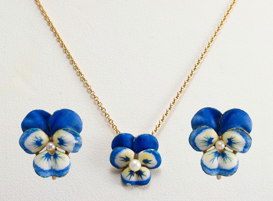 236 ENAMEL 14k GOLD PANSY NECKLACE & EARRINGS