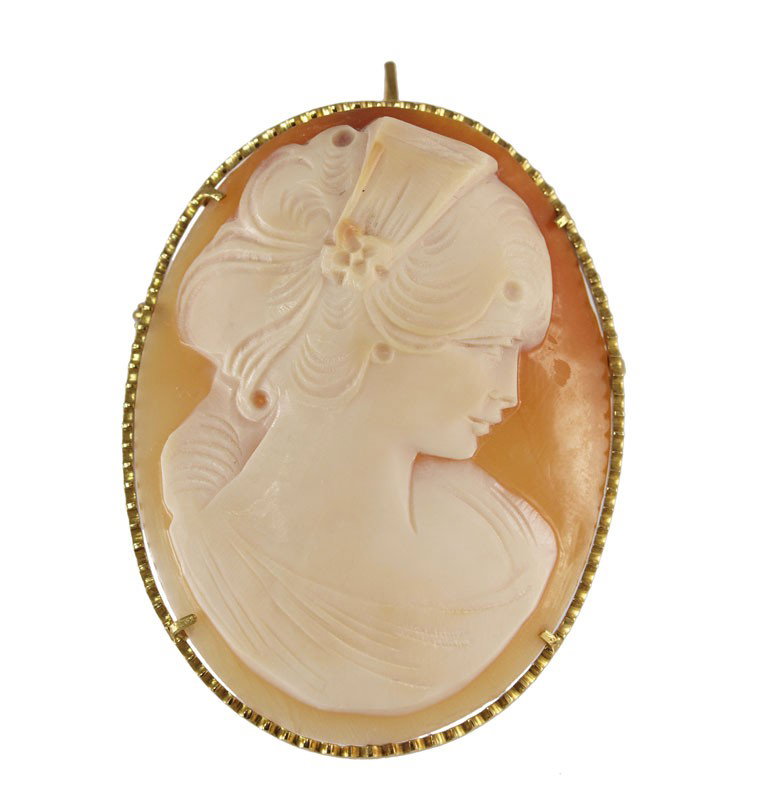 18K SHELL CARVED CAMEO BROOCH: 18K CAMEO BROOCH: 18K yellow gold frame contains one 50.00 x 40.00 mm shell cameo depicting a Victorian lady. Bar pin and bail. Gold weight: 4.0 grams approx.