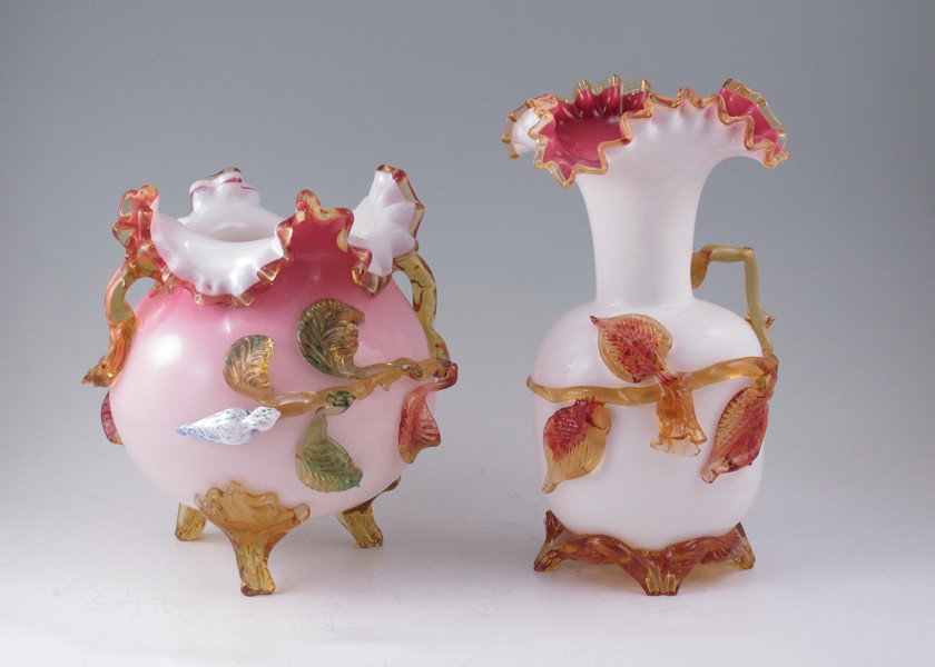 2 STEVENS & WILLIAMS ART GLASS VASES: TWO STEPHENS AND WILLIAMS VASES: 1) High gloss, applied flower vine, 10 1/4" tall. 2) Bulbous high gloss with applied flowering vine. 8" tall, 7" dia.