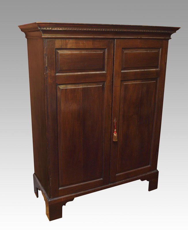 19th C DUTCH CUPBOARD: 19th C DUTCH CUPBOARD: Greek key carved cornice over double doors. Interior with original clothing pegs. Later hanger slide and new optional use shelves. Measures approx. 70" tall x 55" x 22".