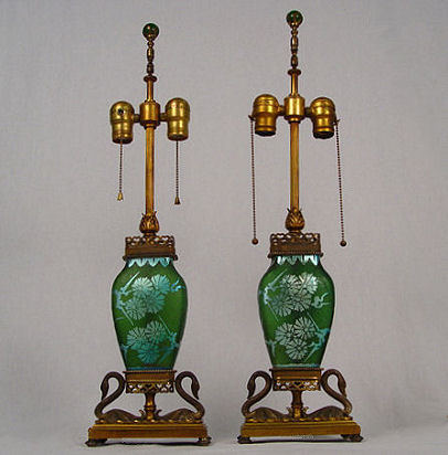 PAIR STEUBEN AURENE / GREEN ART GLASS LAMPS 1920'S