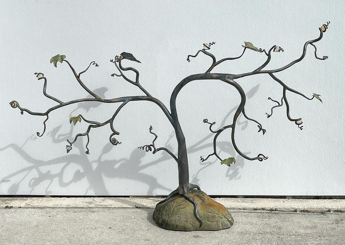 STAN WISNIEWSKI TREE OF LIFE SCULPTURE: WISNIEWSKI, Stan, (American, 20th Century): Mixed Media Sculpture Comprised of Glass, Welded Metal, and Stone, approximately 41.5'' (h) x 70'' (w).