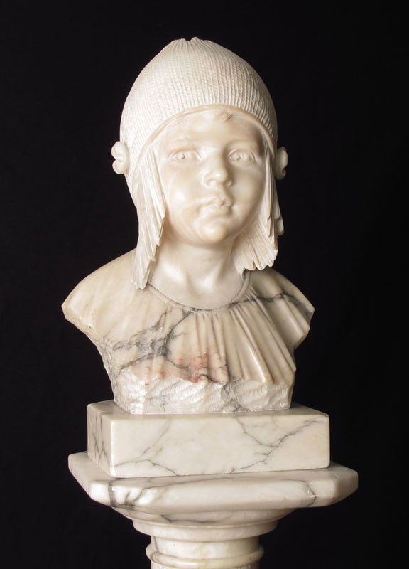 GOOD SIGNED NOUVEAU BUST: SIGNED PEDRINI ALABASTER BUST OF CHILD WEARING A KNIT CAP: 12 1/2" h., affixed to marble plinth, 14 1/2" h. overall, signed verso T. Pedrini?. Sold with a marble pedestal approx. 37 1/2" h.