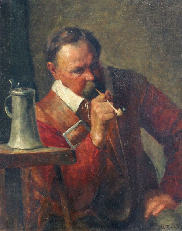 EARLY GEORGE RAAB PAINTING OF A CAVALIER: RAAB, George, (American, 1866-1943): Cavalier smoking a pipe in a tavern interior, OIL/Canvas, 30 3/4" x 24 1/2", signed lower right, encased in later contemporary carved and gilded frame, 37" x 31".