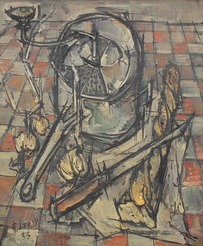 ROGER LERSY MODERNIST STILL LIFE PAINTING: LERSY, Roger, (French, 1924-2004): Modernist still life, OIL/Canvas 25 1/2" x 21 1/4", signed lower left, dated '53, encased in worn painted and gilded period frame 31" x 27".
