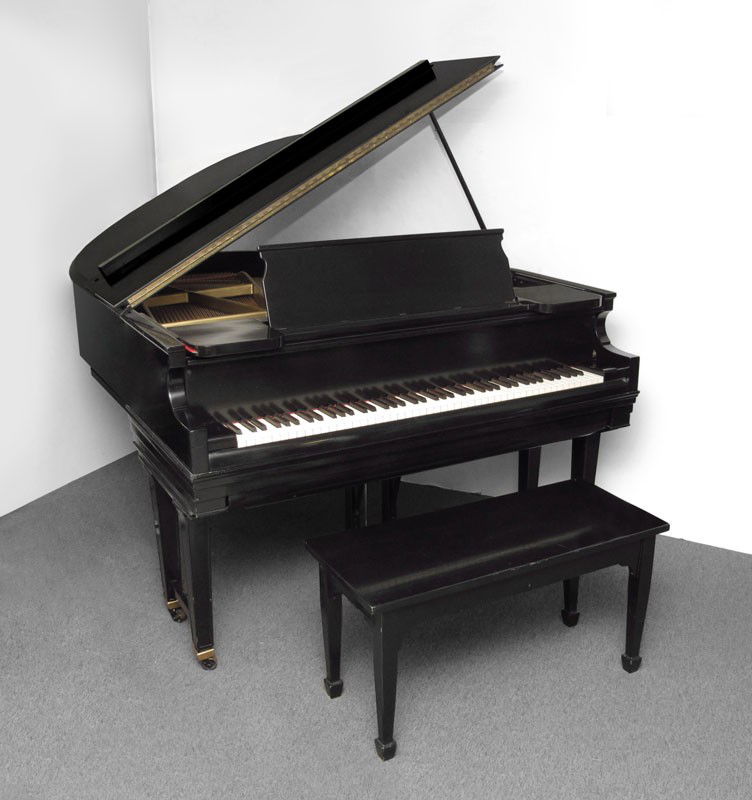 CHICKERING & SONS MEDIUM GRAND PLAYER PIANO: CHICKERING & SONS MEDIUM GRAND PLAYER PIANO: Ebonized case with ivory appearance keys, Chickering & Co., plays Ampico rolls. Measures 38 1/2'' h. x 67" x 58 3/4''. Sold with 55 Ampico rolls and piano