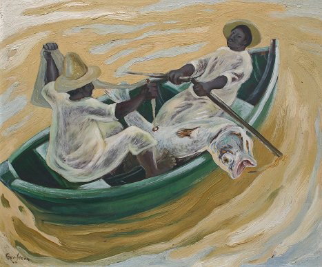 JOSE REYES MEZA MEXICAN FISHERMAN PAINTING: MEZA, Jose Reyes, (Mexican, 1924-): Fishermen Hauling in the Day's Catch, Oil/Masonite, 14'' x 17'', signed lower left, dated '49, gilded frame with wear, 19'' x 21 3/4''.