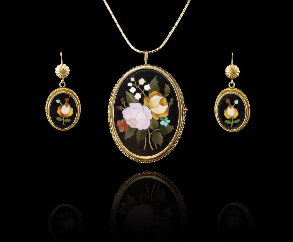 18K & 14K MOSAIC NECKLACE & EARRINGS: 18K MOSAIC BROOCH/PENDANT EARRING SET: 18K yellow gold brooch/pendant and earrings with floral design mosaics. Brooch has bail and bar pin. The earrings have post and lever back closure. 14K yellow go