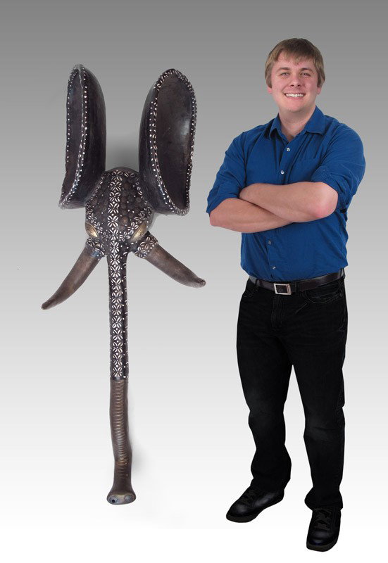 AFRICA CAMEROON ELEPHANT SCULPTURE WITH METAL: AFRICAN CAMEROON TIKAR TRIBE ELEPHANT SCULPTURE WITH METAL 67" x 23" x 16"