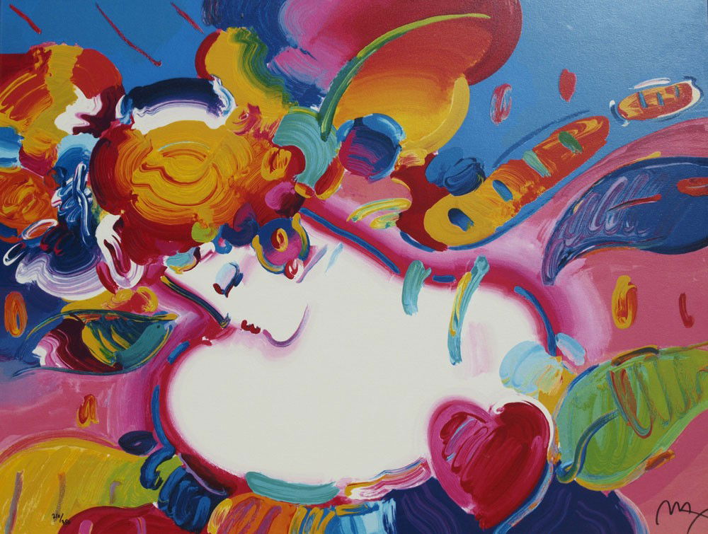 PETER MAX ENHANCED SERIGRAPH: MAX, Peter, (American 20th C.): Female face with typical Max style, enhanced Serigraph, sight size 27" x 36 1/2", signed lower right, numbered 210/350 lower left, gold carved frame 31" x 40".