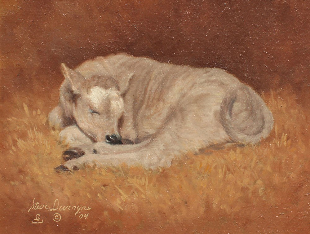 STEVE DEVENYNS BABY CALF PAINTING: DEVENYNSE, Steve, (American, 1953-): ''Good Life'', depicts a baby calf asleep in the hay, OIL/Board, 8'' x 10'', signed lower left, dated '04, titled verso, framed, 14'' x 16''.