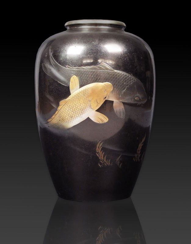 KOSAN SIGNED JAPANESE MIXED METAL FISH VASE: KOSAN SIGNED JAPANESE MIXED METAL FISH VASE: Mixed metal featuring design of koi fish, signed Kosan in characters. Measures 11 3/4'' x 7 3/4''.