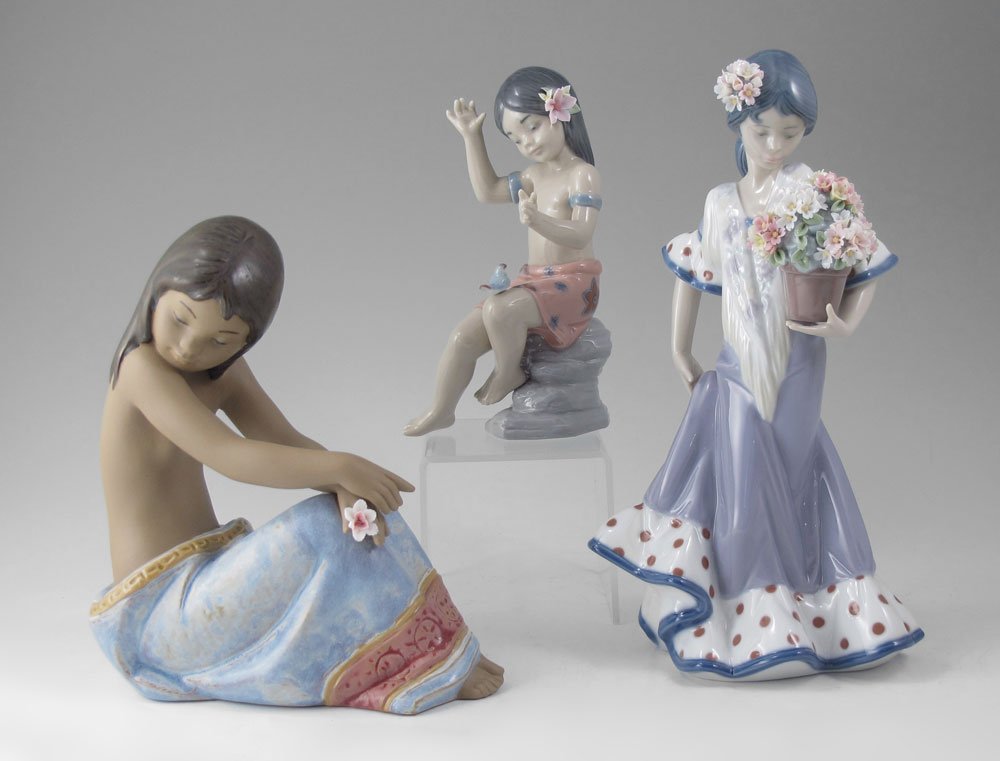 LLADRO Natural Wonder , Flor Maria & Island Beauty: 3 LLADRO PORCELAIN FIGURINES: #6308 NATURAL WONDER, Miguel Santaeulalia sculptor, issued 1996 retired 1999, 6 1/2''; #5490 FLOR MARIA, Juan Huerta sculptor, issued 1988 retired 2007, 9 1/2''h; #2382 I