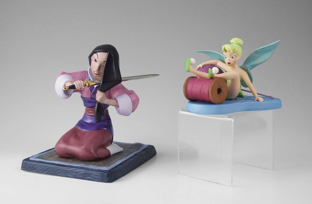 DISNEY CLASSICS COLLECTION MULAN & TINKER BELL: WALT DISNEY CLASSICS COLLECTION PORCELAIN FIGURINES: MULAN - An Honorable Decision, issued and retired 1999, approx. 6 1/4'', with certificate and original box, tape on box; and LITTLE CHARMER, Tinker