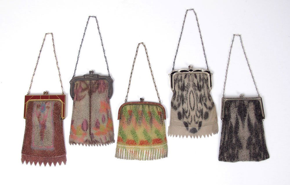 5 VINTAGE FINE MESH PURSES INCL. WHITING & DAVIS: COLLECTION OF 5 VINTAGE MESH PURSES: 3 are signed Whiting & Davis, 1 stamped Germany. Brightly colored fine chain mail mesh bags. The largest measures approx. 5 1/2" x 4".