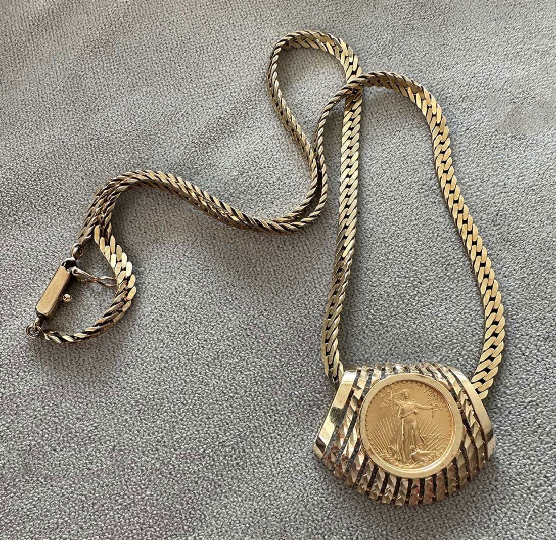 14K GOLD ITALIAN CHAIN WITH A $5 GOLD COIN PENDANT (1 of 6)