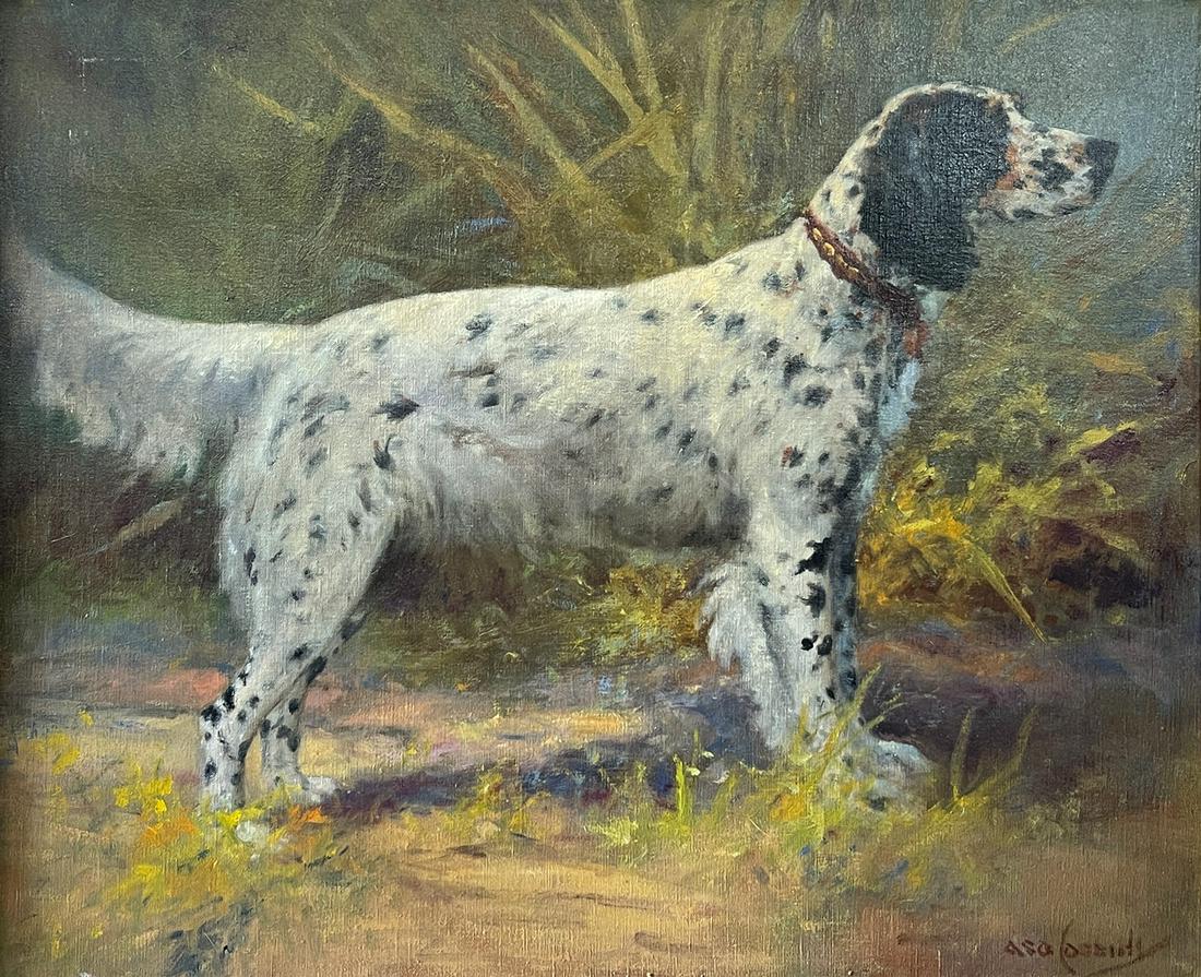 ASA CASSIDY SETTER PAINTING: CASSIDY, Asa, (American, 1865-1946): Hunting Dog Setter in a Landscape, Oil/Canvas, 24.25" x 30", signed lower right, framed, 28" x 33.5".