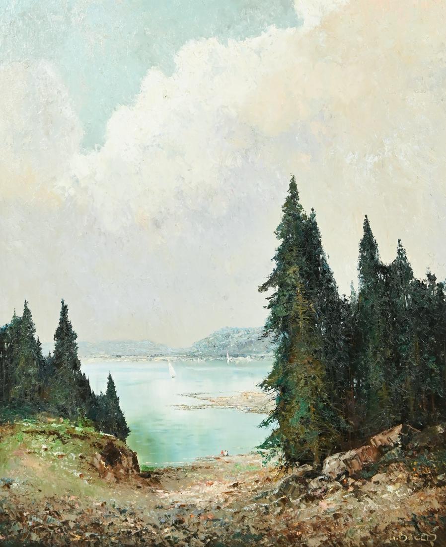 LARGE WILLI BAUER LAKESIDE LANDSCAPE PAINTING (1 of 6)
