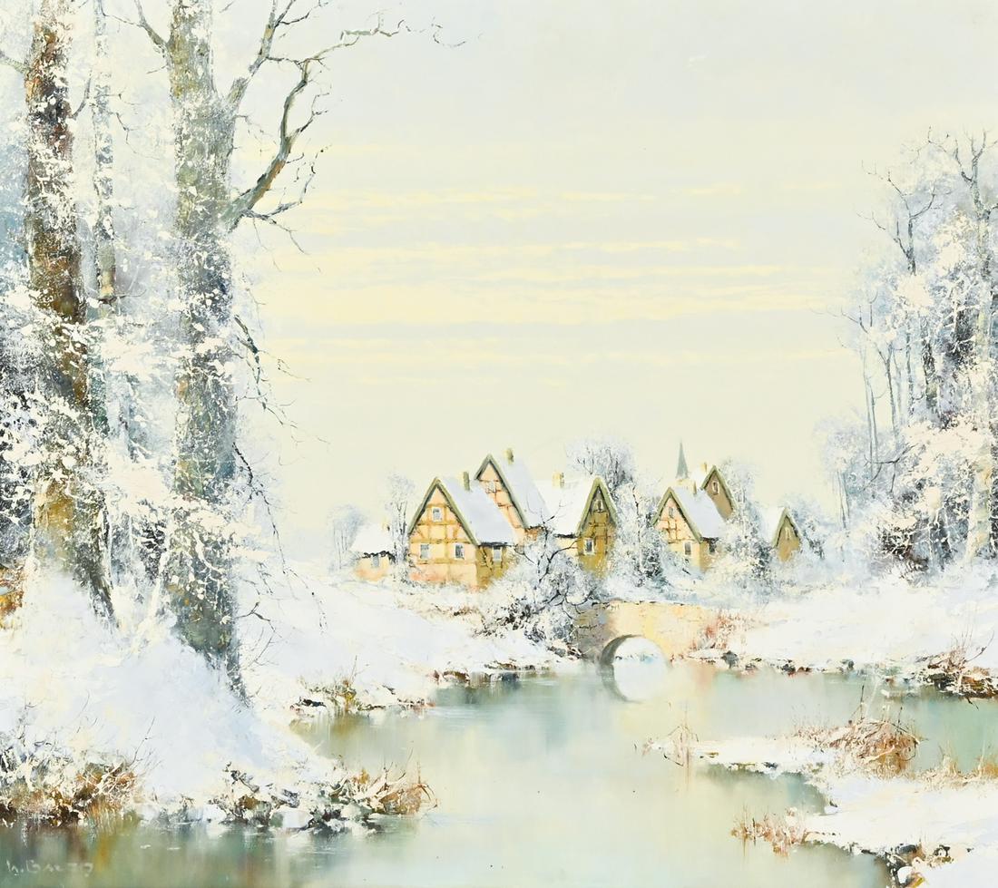 LARGE WILLI BAUER WINTER VILLAGE LANDSCAPE PAINTIN (1 of 6)