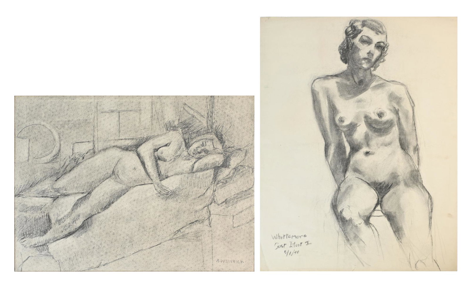 THREE LISTED ARTIST FEMALE NUDE DRAWINGS: THREE LISTED ARTIST FEMALE NUDE DRAWINGS: 1) Seated Female Nude, Pencil Drawing, signed Whittemore and marked ''Cust Illust I'', 25'' x 19'', unframed; 2) Female Silhouette, Watercolor, illegibly sign