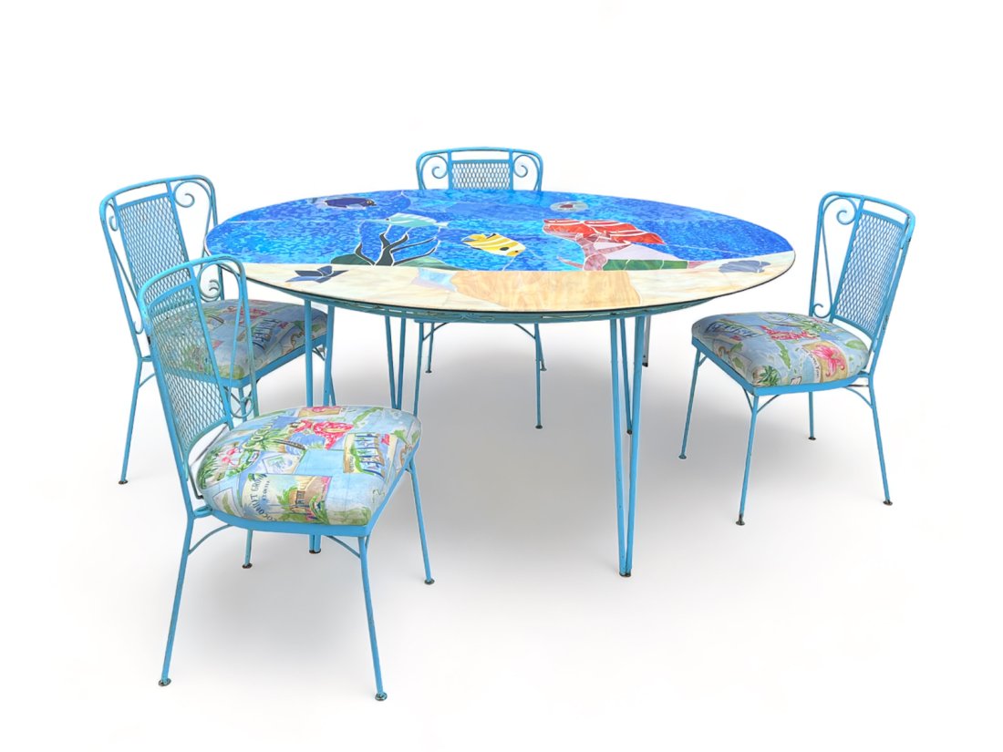 Stained Glass Fish Table W/ Mesh Chairs Auction