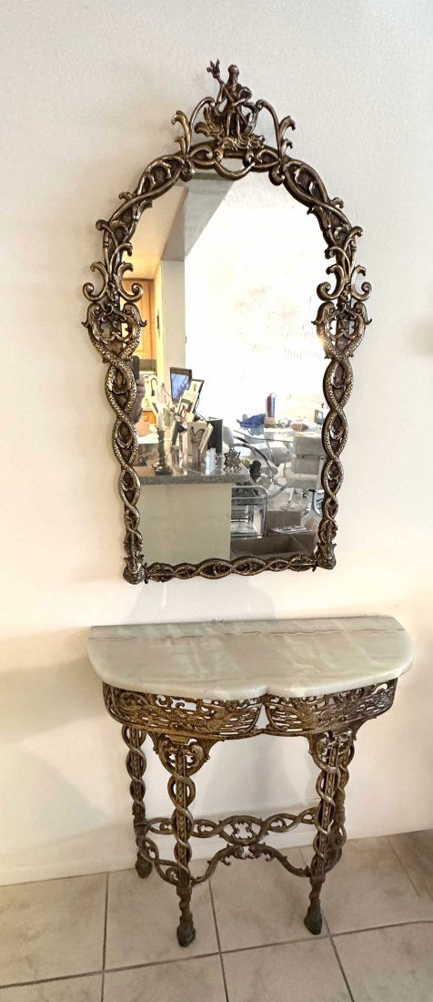 ITALIAN NAUTICAL MOTIF CAST BRASS HALF TABLE & MIRROR (1 of 12)