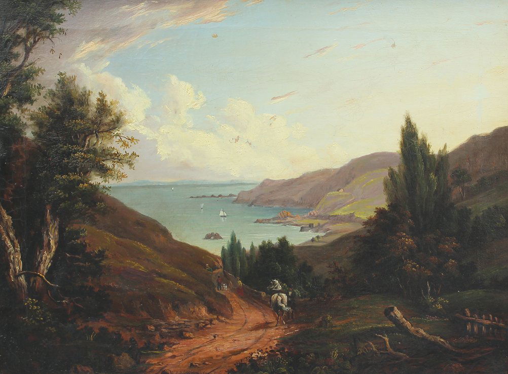 WILLIAM WITHERINGTON LANDSCAPE PAINTING: WITHERINGTON, William Frederick, (British, 1785-1865): "Yorkshire Coast", Coastal Vista with a Trail Leading Down to Water and Figures Traveling, Oil/Canvas, 18" x 24", signed lower middle margin, enc