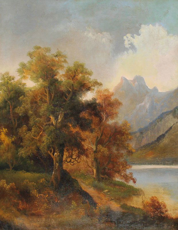 EARLY OIL PAINTING LANDSCAPE SIGNED ANDRAS: NINETEENTH CENTURY OIL ON CANVAS LANDSCAPE AFTER ANDRAS MARKO: 27" x 21 5/8", scene depicts a River Shoreline with Mountains in the Distance, spuriously signed lower left, encased in a regilded gesso