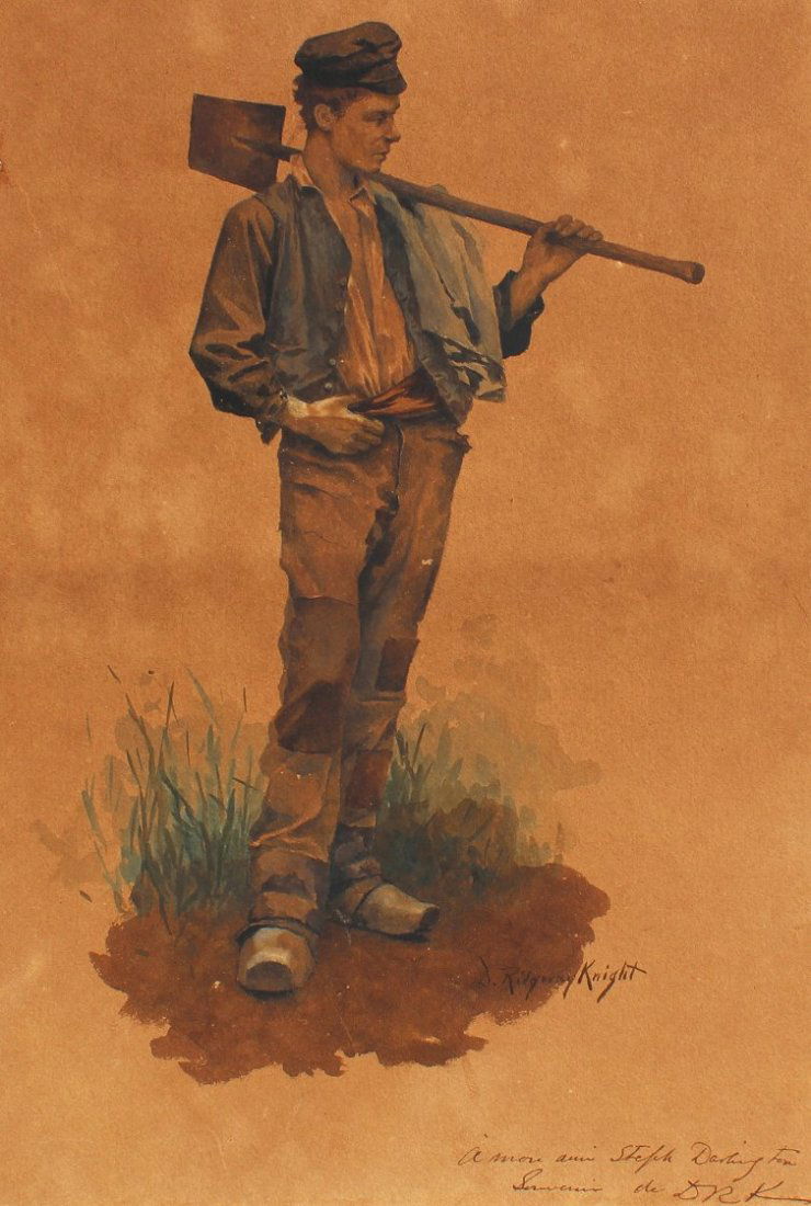 DANIEL RIDGWAY KNIGHT WATERCOLOR PAINTING: KNIGHT, Daniel Ridgway, (American, 1839-1924): Full Length Portrait of a Young Peasant Boy with Shovel, Watercolor, sight size 13'' x 8 3/4'', signed lower right and dedicated to the consignors father