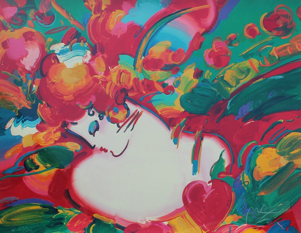 PETER MAX ENHANCED SERIGRAPH: PETER MAX "FLOWER BLOSSOM LADY" SERIGRAPH: 30" x 40", signed lower right, numbered lower left 93/300, blindstamp with date 1993, framed with wear, 43" x 50 1/2".