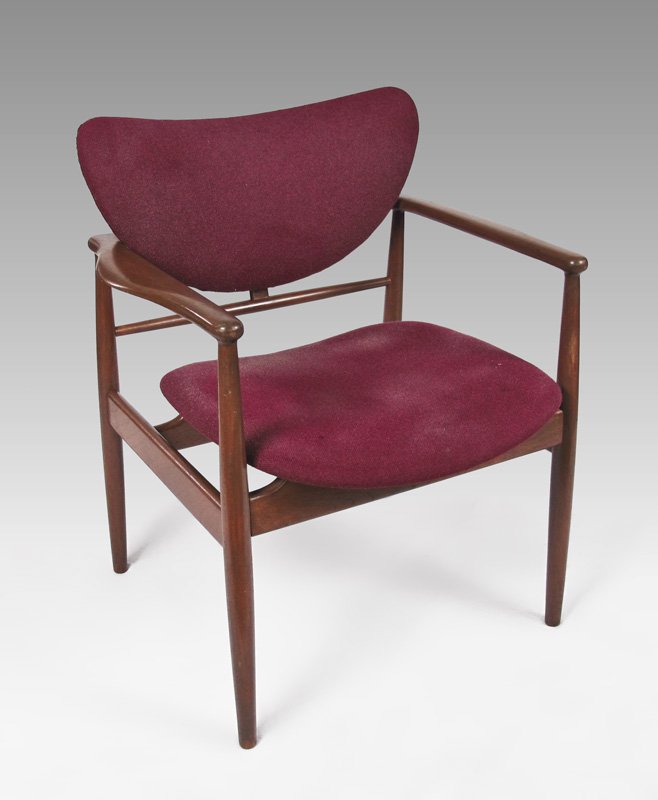 FINN JUHL FOR NIELS VODDER ARM CHAIR: FINN JUHL FOR NIELS VODDER ARM CHAIR: Marked on support with maroon fabric seat and back. Measures 32 3/8" h. x 27" x 23".